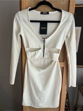 Misspap White Cutout Zip Front Mini Dress Long Sleeve Bodycon Size L NWT